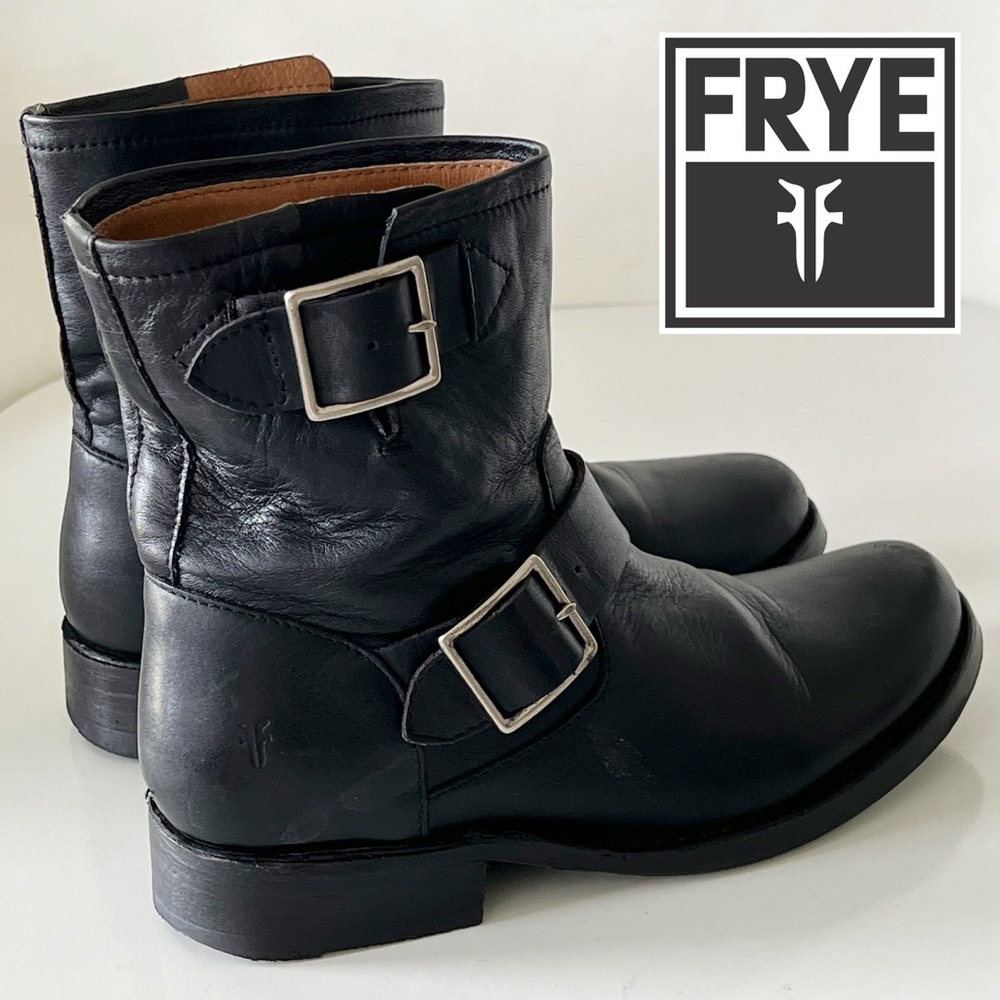 Frye Women Engineer Black Leather Buckle Moto Ankle Biker Boots Vicky Size 5.5 B